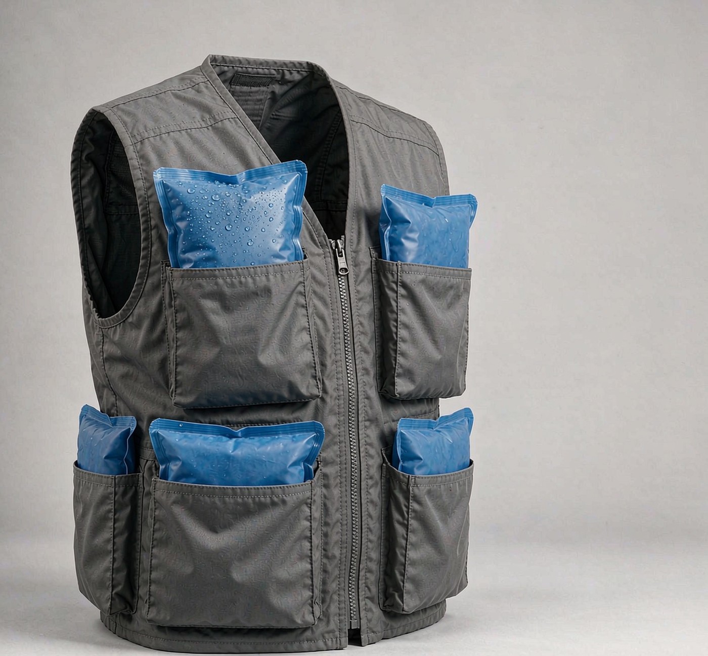Grey pocket cooling vest loaded with blue gel ice packs in the chest and side pockets