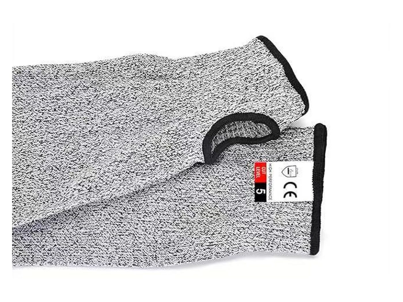 Grey knitted HPPE cut-resistant arm sleeve with a CE mark and EN 388 level 5 label sewn at the cuff